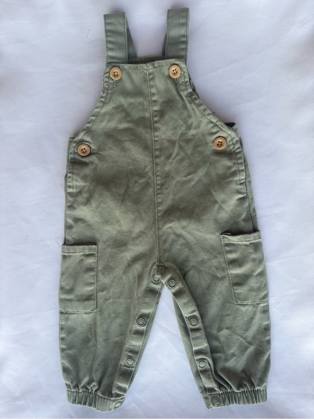 Olive Green 100% Cotton Baby Overalls with Button Accents